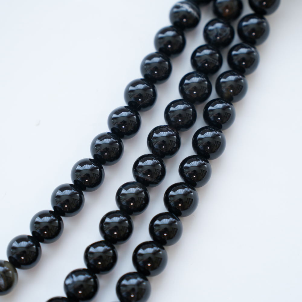 Sort Agat,10mm rund,Hel Streng 37cm