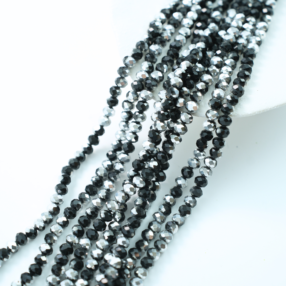 Zirkon,Diamantslebet Rund, 7.5*7mm/40cm,Hel Streng - SortSølv