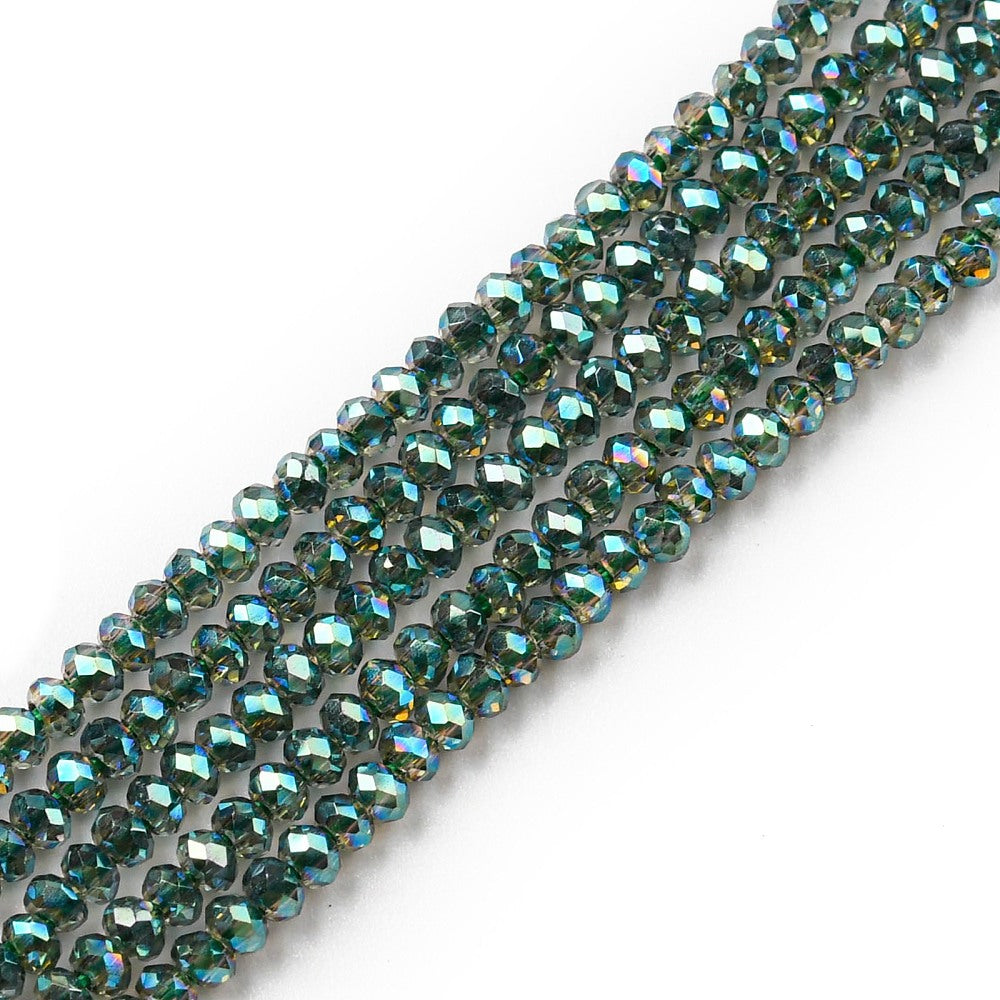 Glasperle, rondel facetslebne, grøn med changerende farvespil, 2,3x1,7 mm, 1 streng