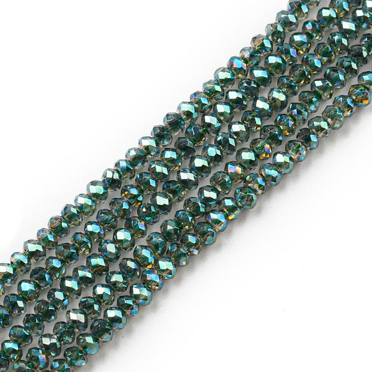 Glasperle, rondel facetslebne, grøn med changerende farvespil, 2,3x1,7 mm, 1 streng