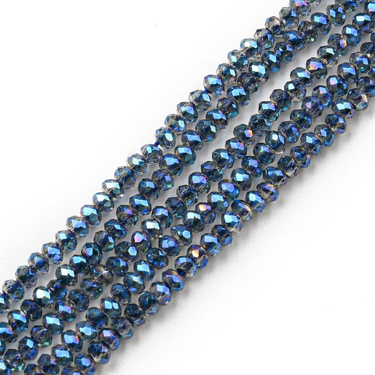 Glasperler, rondel facetslebne, blå med changerende spil, 2,3x1,7 mm, 1 streng