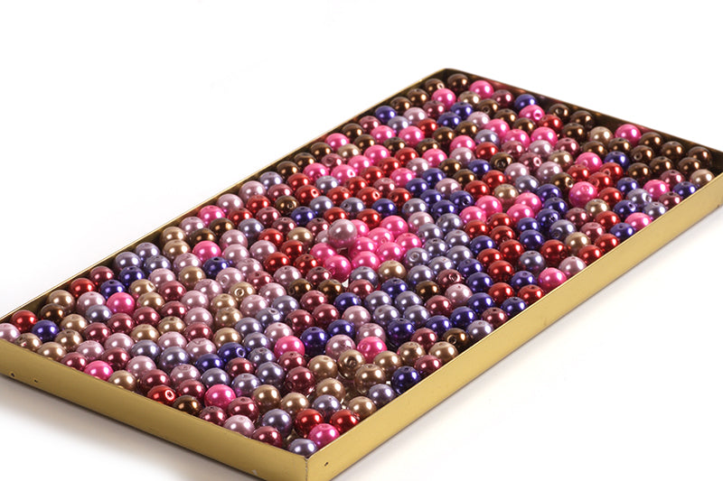 Glasperle, perlemor, ca. 10 mm, 8 blandede strenge, ca. 320 perler