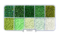 Seed beads, ca. 1,5-2,5 mm, 12/0, grønt farvemix, ca. 8500 perler, 1 æske