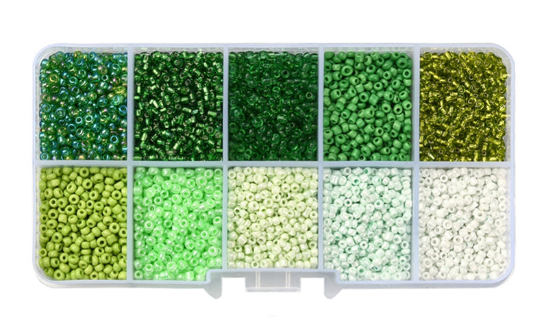 Seed beads, ca. 1,5-2,5 mm, 12/0, grønt farvemix, ca. 8500 perler, 1 æske