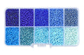 Seed beads, ca. 1,5-2,5 mm, 12/0, blåt farvemix, ca. 8500 perler, 1 æske