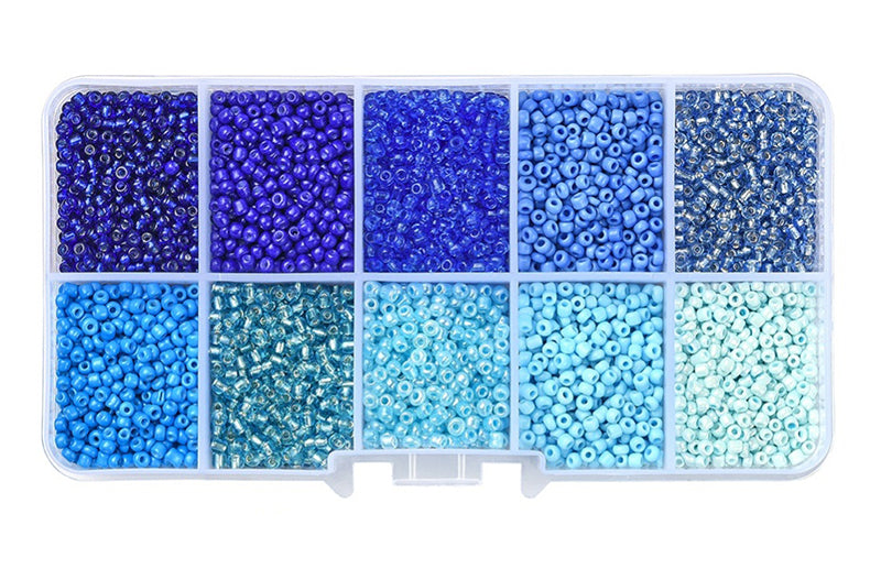 Seed beads, ca. 1,5-2,5 mm, 12/0, blåt farvemix, ca. 8500 perler, 1 æske