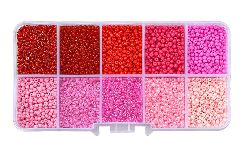 Seed beads, ca. 1,5-2,5 mm, 12/0, rødt/pink farvemix, ca. 8500 perler, 1 æske