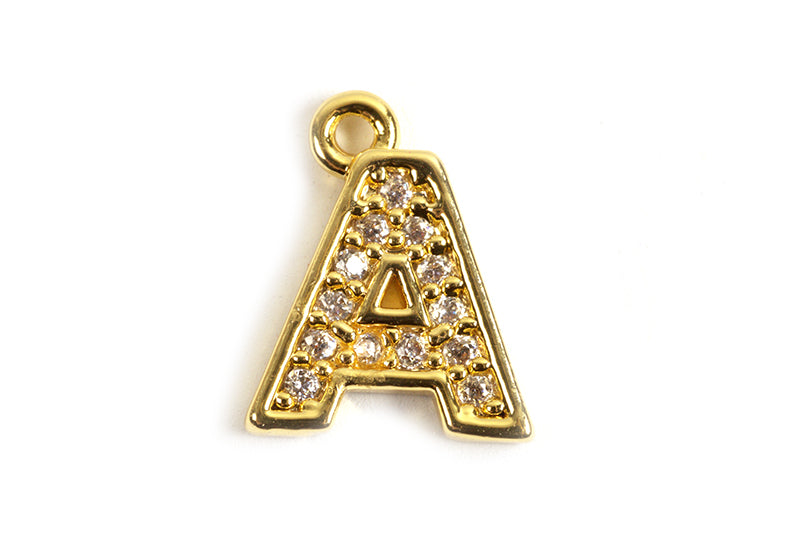 Bogstav m/zirkonia, A, 10x8 mm, forgyldt med 18K guld, 1 stk.