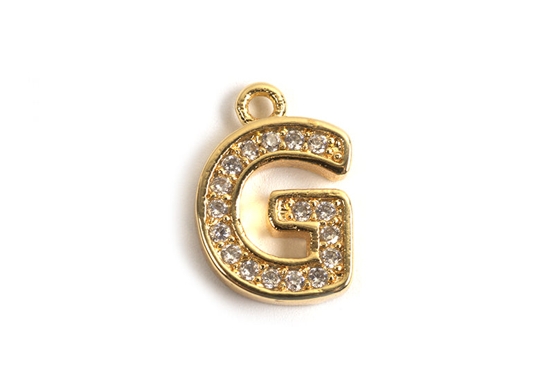 Bogstav m/zirkonia, G, 10,5x7 mm, forgyldt med 18K guld, 1 stk.
