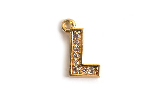 Bogstav m/zirkonia, L, 10x7 mm, forgyldt med 18K guld, 1 stk.