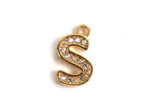 Bogstav m/zirkonia, S, 11x6 mm, forgyldt med 18K guld, 1 stk.