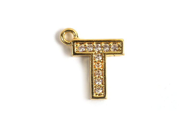 Bogstav m/zirkonia, T, 10x8 mm, forgyldt med 18K guld, 1 stk.
