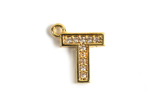 Bogstav m/zirkonia, T, 10x8 mm, forgyldt med 18K guld, 1 stk.