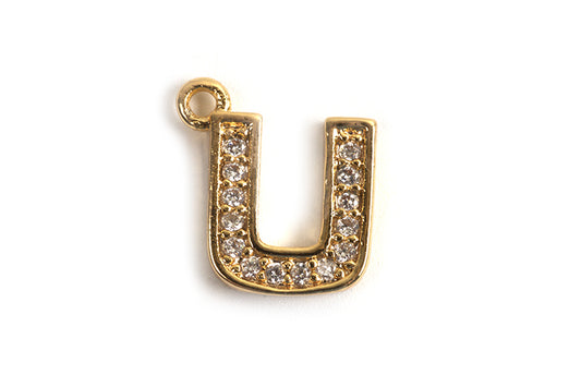 Bogstav m/zirkonia, U, 9,5x9 mm, forgyldt med 18K guld, 1 stk.