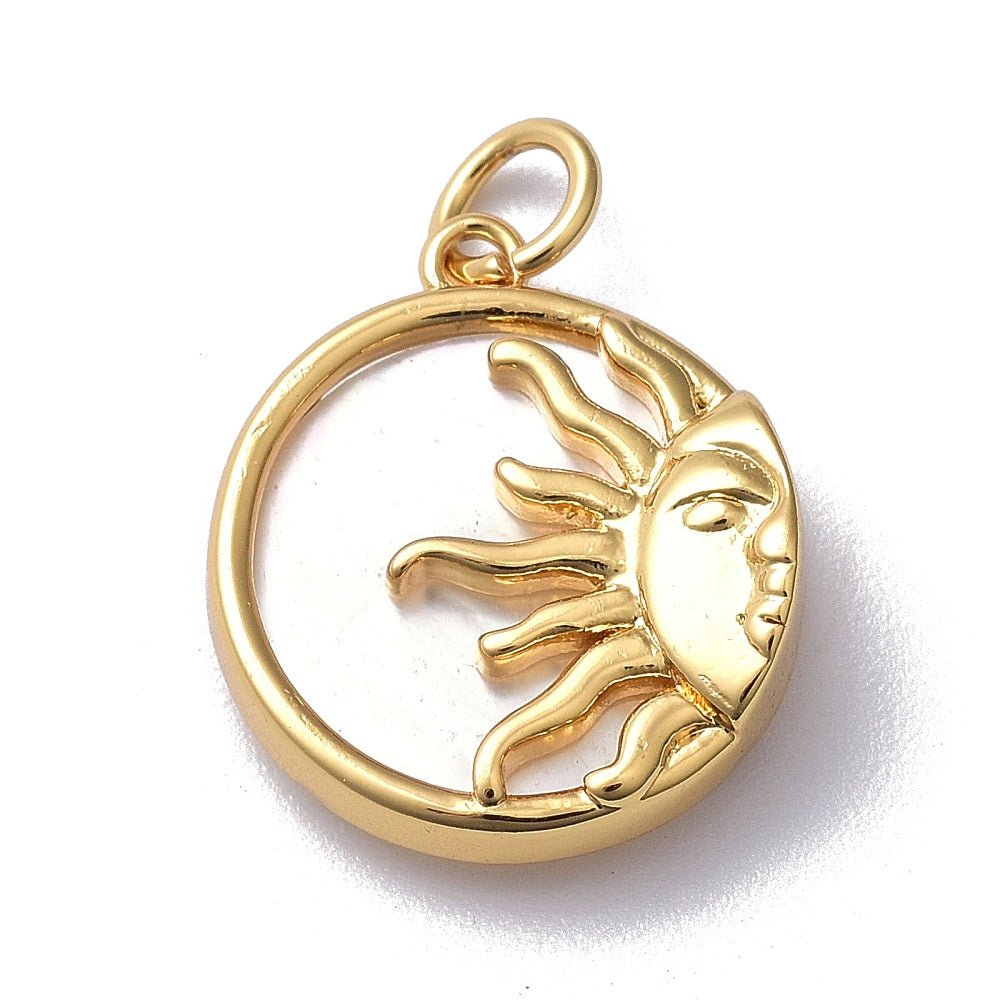 Vedhæng, skive m/ shell og sol, 18x15 mm. 18K FG, 1 stk.