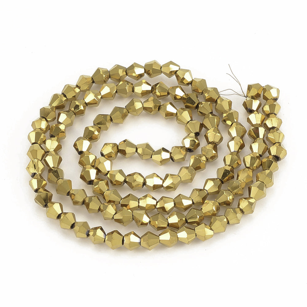 Bicones, guld metallic, 4 mm, 1 streng