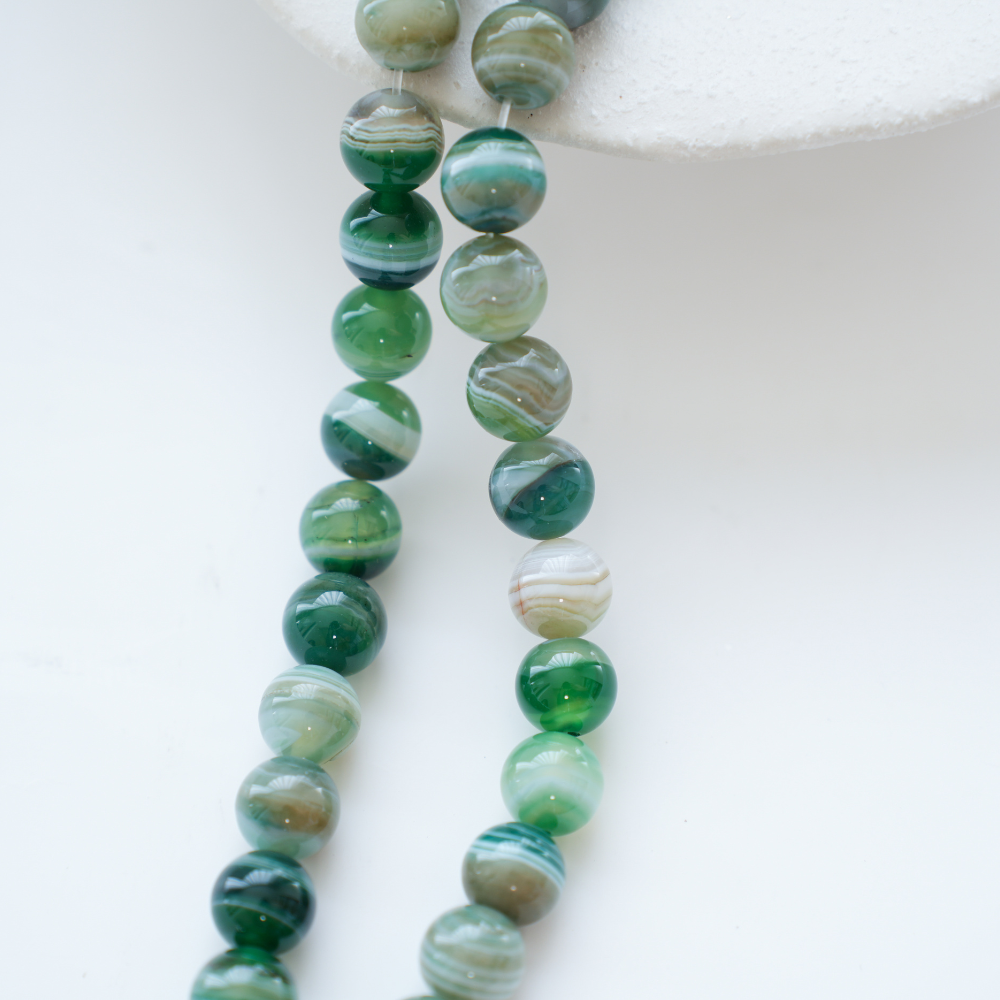 Grønstribet Agat,10.5mm rund,Hel Streng 38cm
