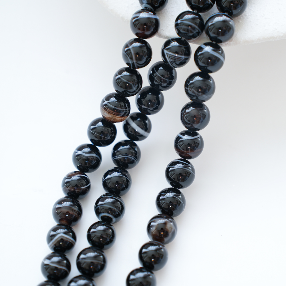 Sortstribet Agat,10.5mm rund,Hel Streng 39cm