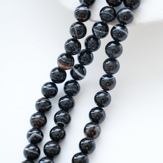 Sortstribet Agat,10.5mm rund,Hel Streng 39cm