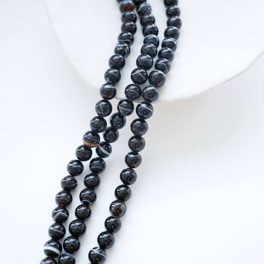 Sortstribet Agat,10.5mm rund,Hel Streng 39cm