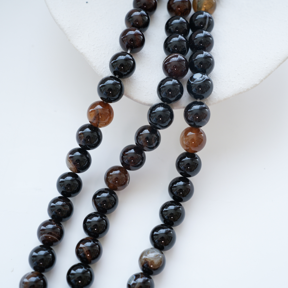 Sortstribet Agat,14mm rund,Hel Streng 39cm