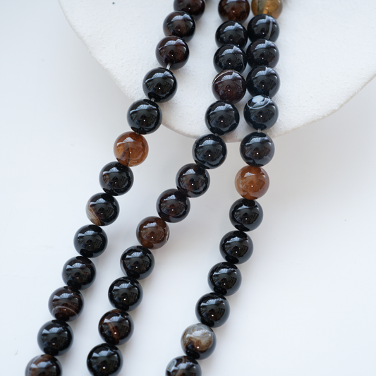 Sortstribet Agat,14mm rund,Hel Streng 39cm