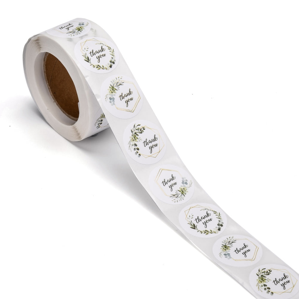 Klistermærker, ca. 25 mm, "Thank you" - 4 designs, rulle med 500 stk.