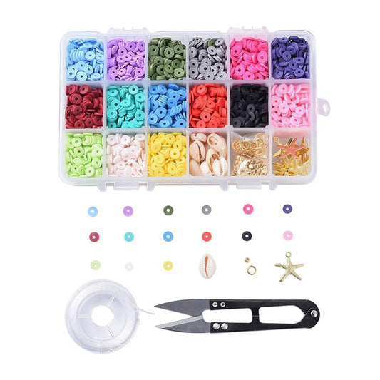 DIY sæt med polymer perler, ca. 3000 perler, elastiktråd, saks m.m., 1 æske