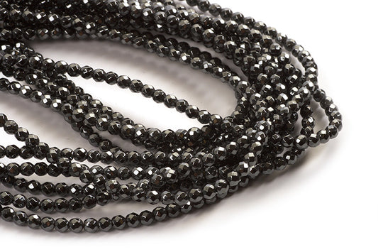 Hæmatit, rund, facet, 4 mm, 1 streng