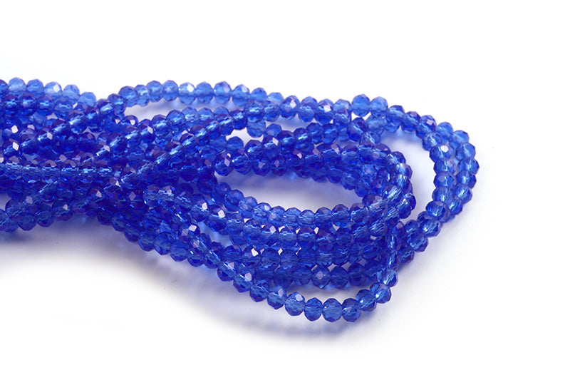Glasperle, rondel, facet, blå, 3x2 mm, 1 streng