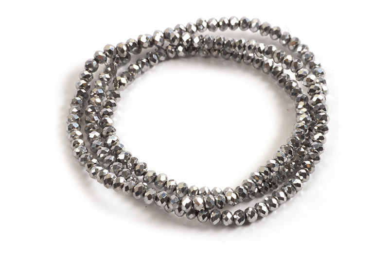 Glasperle, rondel, facet, sølv, 3x2 mm, 1 streng