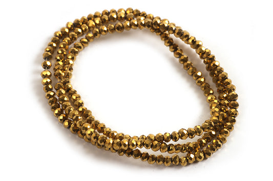 Glasperle, rondel, facet, guld, 3x2 mm, 1 streng