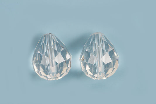 Glasperle, dråbe, facet, 10x12 mm, klar, 2 stk.