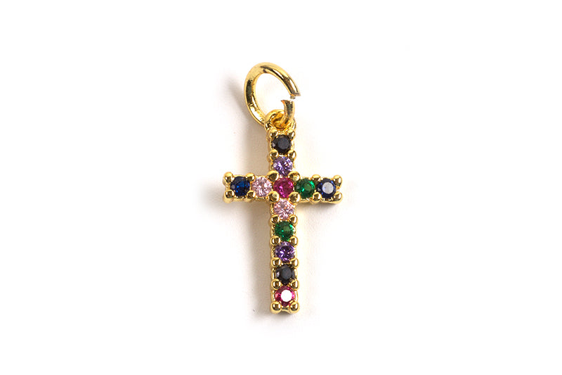 Vedhæng, kors m/farvede zirkonia, ca. 16x9x2 mm, FG, 1 stk.