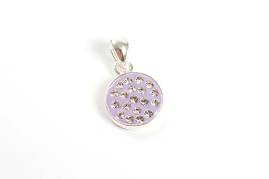 Vedhæng, lilla m/krystaller, rund, flad, forsølvet, 12x10 mm,