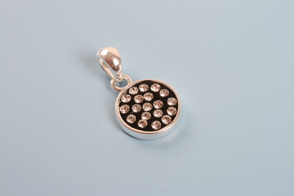 Vedhæng m/ krystaller, sort, rund, flad, forsølvet, 12x10 mm,