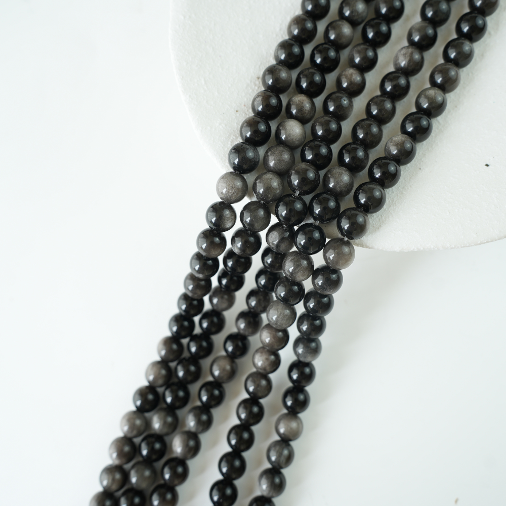 Sølvobsidian，8mm rund，hel streng 38cm
