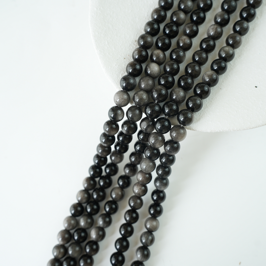 Sølvobsidian，8mm rund，hel streng 38cm