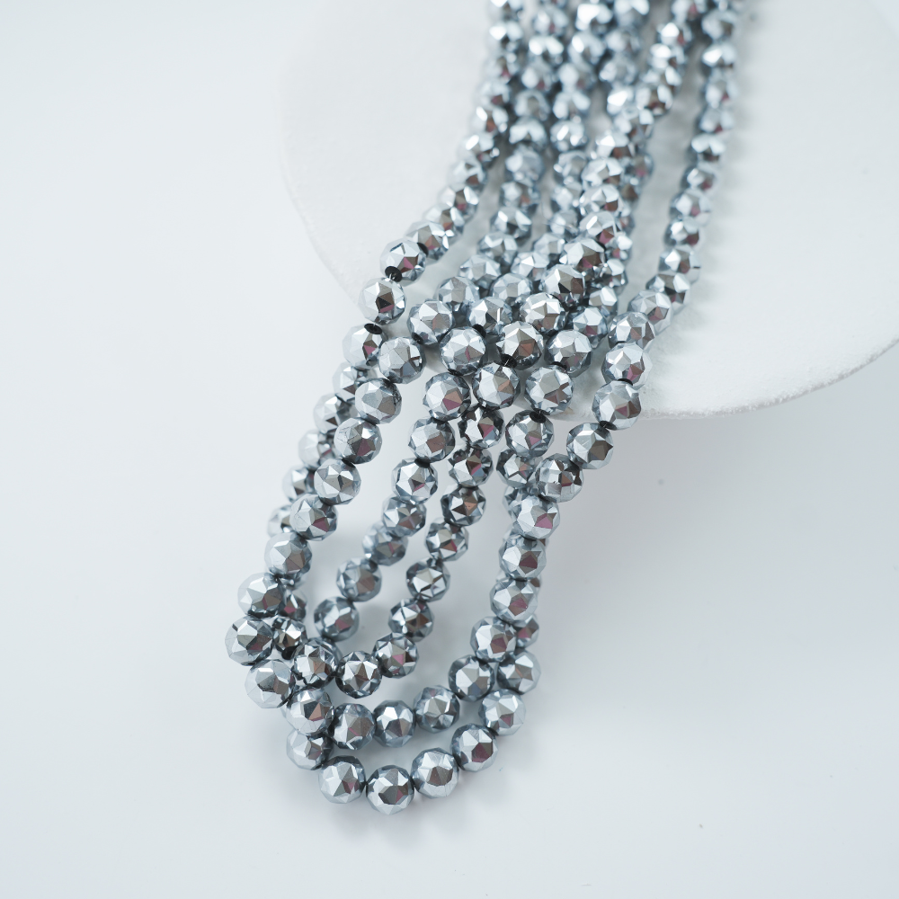 Zirkon,Diamantslebet Rund, 9.5*9.5mm/35cm，Hel Streng - ‌Sølv