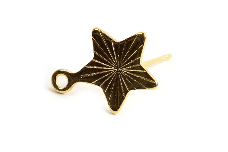 Ørestikker, stjerne m/mønster og øsken, 10x13 mm, rustfrit stål forgyldt med 24K guld, 1 par