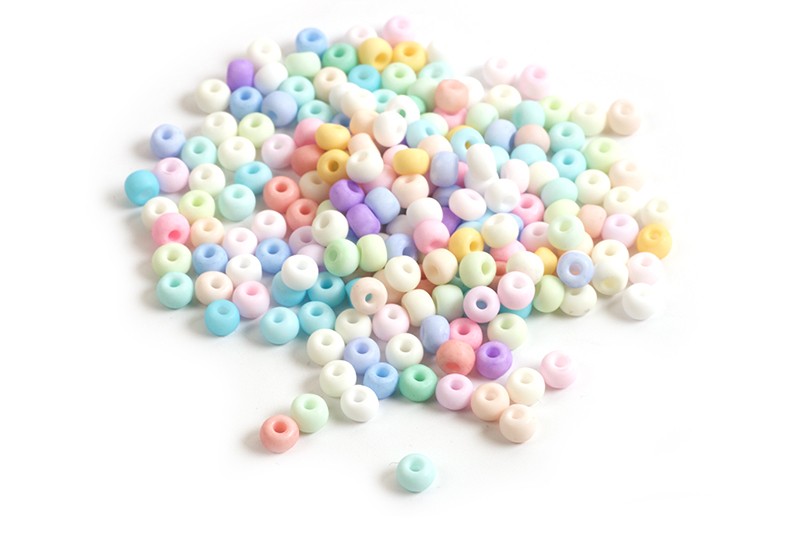 Seed beads, 4-4,5x3 mm, matte, pastelfarvede, ca. 15 gram