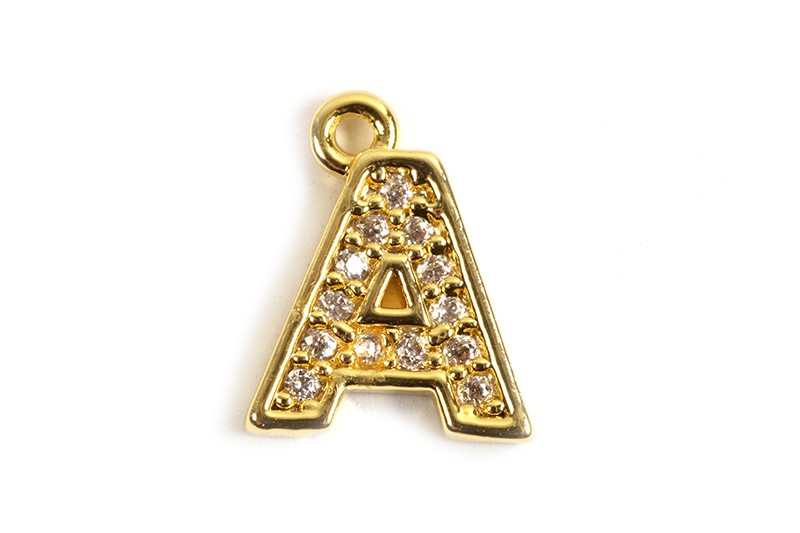 Bogstav m/zirkonia, A, 10x8 mm, forgyldt med 18K guld, 1 stk.