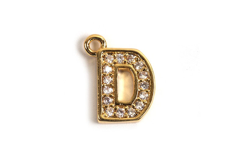 Bogstav m/zirkonia, D, 9,5x8 mm, forgyldt med 18K guld, 1 stk.