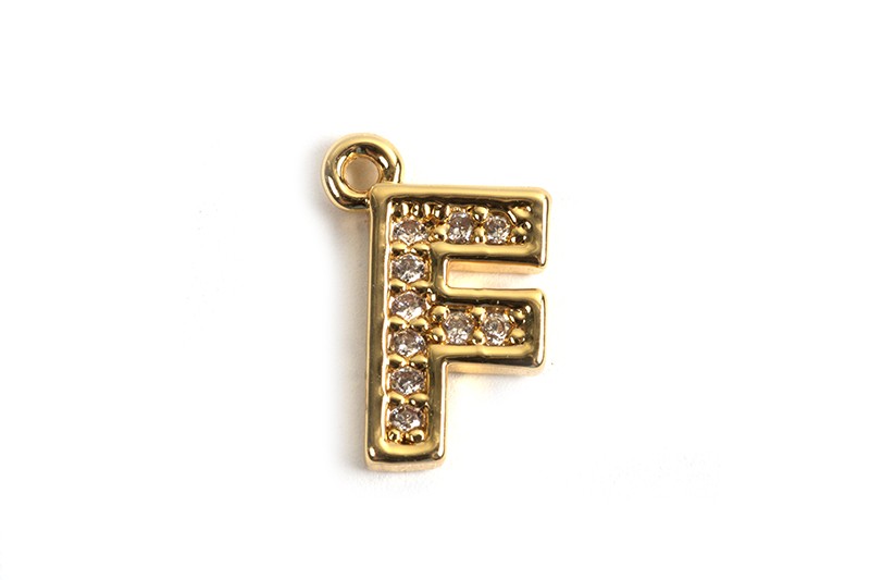 Bogstav m/zirkonia, F, 10x6,5 mm, forgyldt med 18K guld, 1 stk.