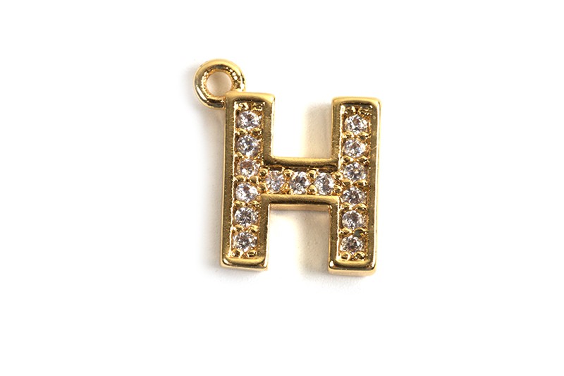 Bogstav m/zirkonia, H, 10x9 mm, forgyldt med 18K guld, 1 stk.
