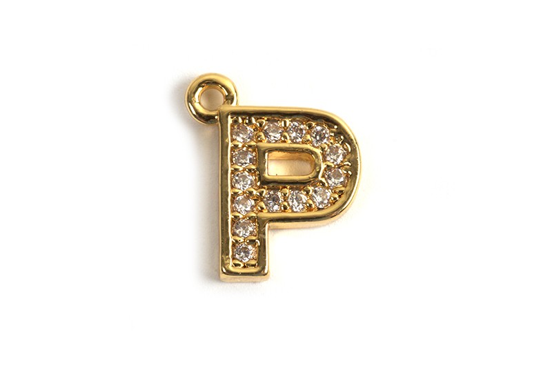 Bogstav m/zirkonia, P, 10x8 mm, forgyldt med 18K guld, 1 stk.