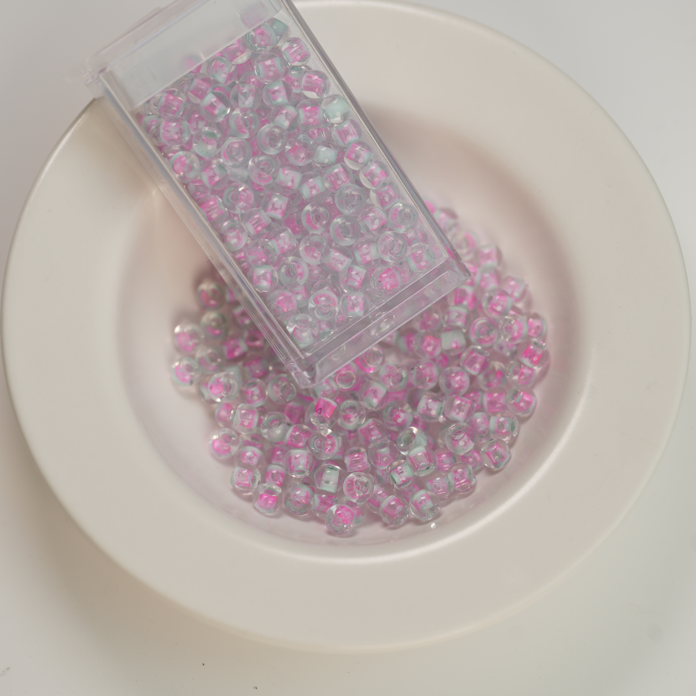 GB Seed beads, Glaseffekt Pink/Mint，ca. 4mm, 5/0, ca. 10G, 1 æske