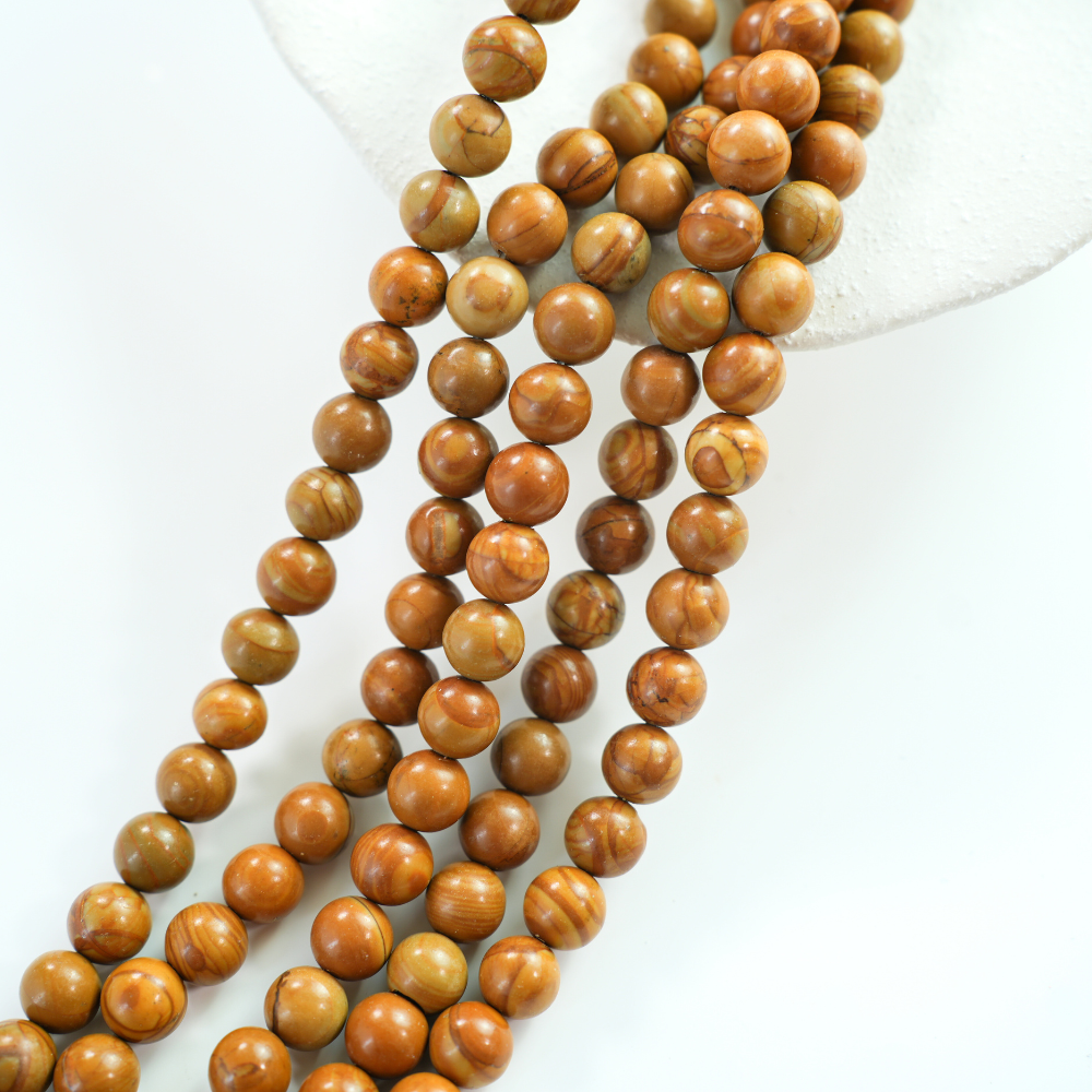 Gul Træmønstret Sten，8mm rund，hel streng 38cm