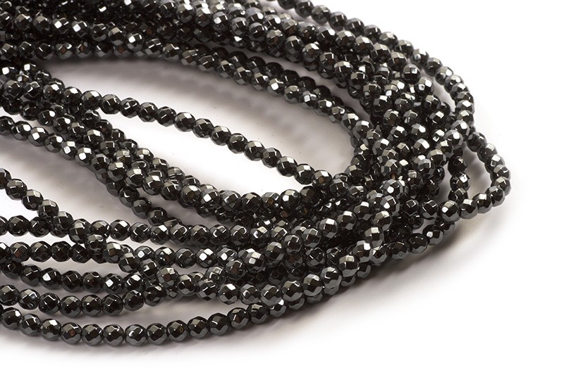 Hæmatit, rund, facet, 4 mm, 1 streng