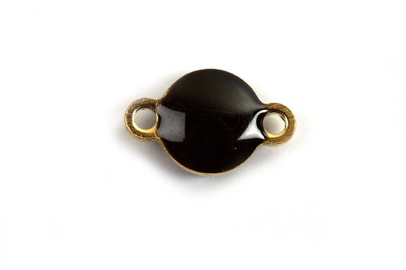Fladt rundt vedhæng m/2 øjne, link, emalje, 9.5x6x3.5 mm, FG rustfrit stål, sort, 2 stk.